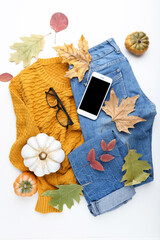 Wall Mural - Autumn pumpkins with dry leafs, eyeglasses, smartphone and fashion clothing