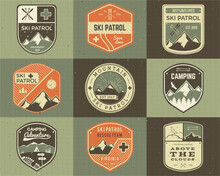 Set Of Retro Style Ski Club, Patrol Labels. Classic Mountain Elements. Winter Or Summer Camping Explorer Badges. Outdoor Adventure Logo Design. Travel Hipster Insignia. Mountains Icon Symbol.