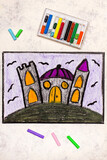 Fototapeta Młodzieżowe - Colorful hand drawing: Old scary castle at night. Halloween drawing on white  background