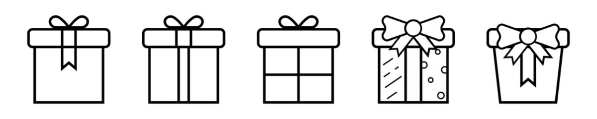 Wall Mural - Outline gift box collection. Isolated transparent present box with ribbon. Christmas cardboard pictogram. Square greeting symbol. Vector illustration. EPS 10.