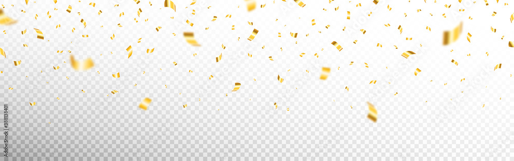 Gold confetti on transparent backdrop. Realistic falling tinsel. Luxury anniversary template. Flying decoration elements. Bright serpentine isolated. Vector illustration - obrazy, fototapety, plakaty 