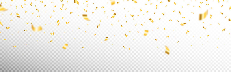gold confetti on transparent backdrop. realistic falling tinsel. luxury anniversary template. flying