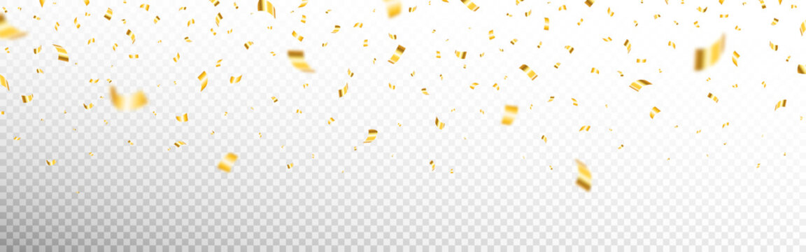 Fototapete - Gold confetti on transparent backdrop. Realistic falling tinsel. Luxury anniversary template. Flying decoration elements. Bright serpentine isolated. Vector illustration