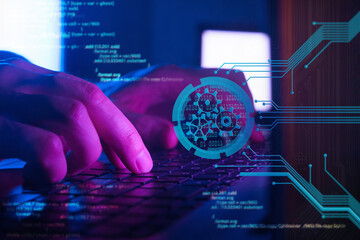 software developing, programming and coding technologies, programmer working in a software in dark r