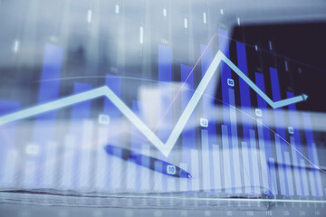 Fototapete - Double exposure of financial graph drawings and desk with open notebook background. Concept of forex market