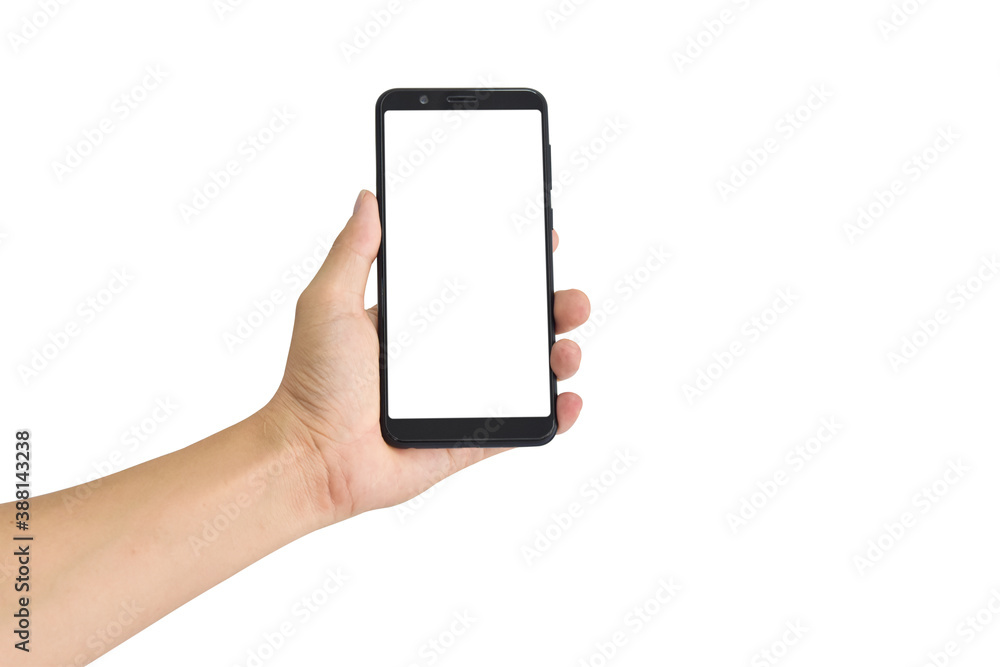 Man hand holding smartphone with blank screen isolated on white ...