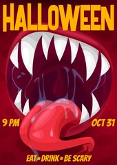 Wall Mural - Halloween night horror party vector poster of screaming monster with vampire mouth, teeth and fangs, snake forked tongue and saliva drops. Spooky alien beast or devil creature cartoon invitation flyer