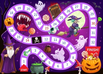 Wall Mural - Halloween start to finish children board game vector template. Cartoon strategy maze or puzzle of journey map with numbered steps and pumpkin full of trick or treat candies at finish, ghosts and witch