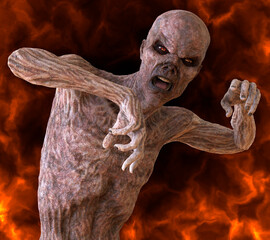 Wall Mural - Fantsy zombie undead burns in a hellfire 3d illustration