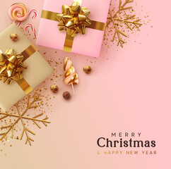 Wall Mural - merry christmas and happy new year. background xmas design realistic gifts box, festive decorative o