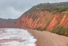 Landscape Of The Jurassic Coast (Dorset And East Devon Coast) In Rainy And Fogy Weather, At Sidmouth, Devon, England, UK, A UNESCO World Heritage Site.
