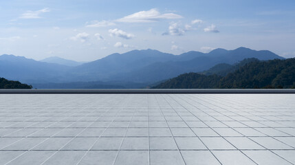 Wall Mural - Empty concrete tiles floor with mountain landscape