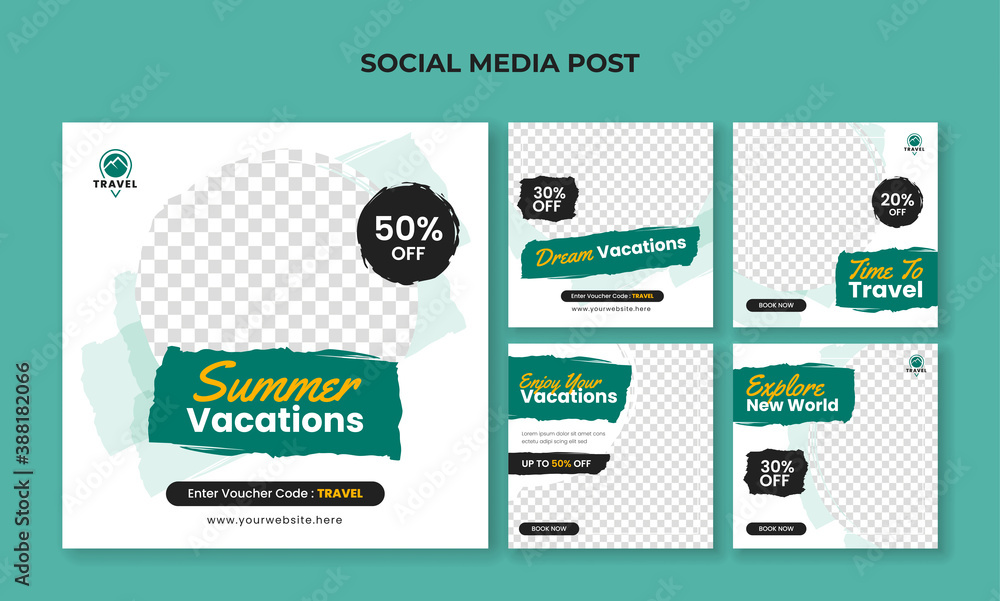 Summer vacation square banner for social media post template. Travel and tourism banner collection - obrazy, fototapety, plakaty 