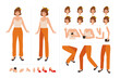 Cute girl cartoon character for motion design with facial expressions, hand gestures, body and leg movement illustration