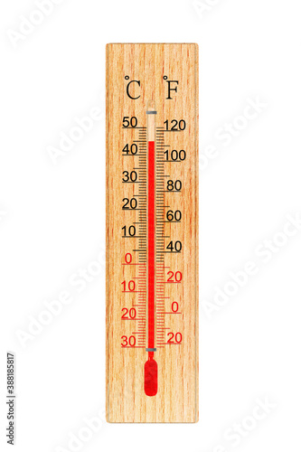 Wooden thermometer isolated on white background. Ambient temperature plus 45 degrees celsius