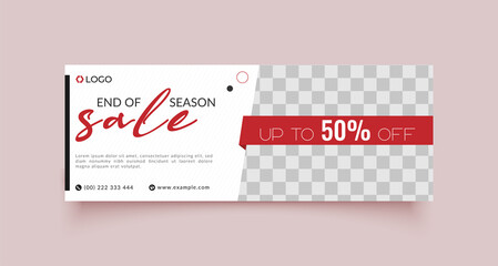Wall Mural - seasonal sale web ad banner template with photo place modern layout white background and red shape a