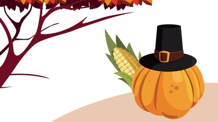 Poster - happy thanksgiving day animation with pumpkin wearing pilgrim hat