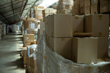 Cardboard Boxes In Production Area. High Quality Photo