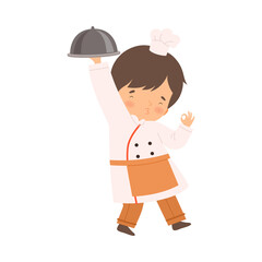 Sticker - Cute Boy with Platter, Cute Little Chef Character in Uniform Cooking in the Kitchen Cartoon Style Vector Illustration