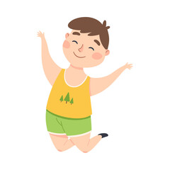 Poster - Cute Little Boy Happily Jumping, Joyful Kid Having Fun Cartoon Style Vector Illustration