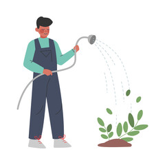 Poster - Man Farmer Gardener Watering Plants Using Hose, Male Agricultural Worker Character in Overalls Working in Garden Cartoon Style Vector Illustration