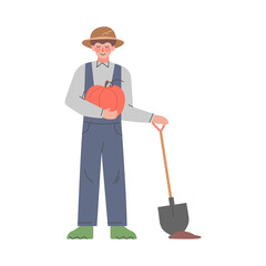 Poster - Man Farmer Gardener Harvesting Pumpkins, Male Agricultural Worker Character Working with Shovel in Garden or Farm Cartoon Style Vector Illustration