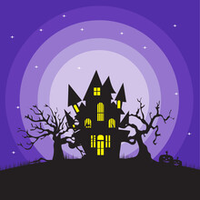 Halloween Night Poster Features A Castle Building, Two Creepy Trees And A Pumpkin With A Purple Sky