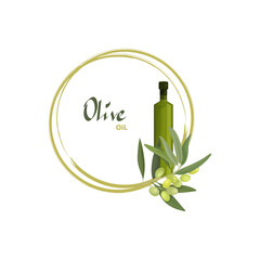 Vector illustration of a round frame or wreath of an olive tree with fruits and a bottle of olive oil. For invitations, thank you cards, labels and advertisements