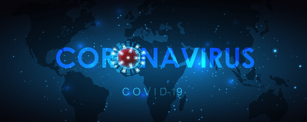 Wall Mural - Illustration of a coronovirus cell on a world map background. Epidemic, pandemic, medicine, virus vaccine.