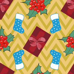 Wall Mural - Cute seamless Christmas pattern on gold chevron background