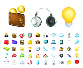 Wall Mural - set of 50 realistic high quality colorful business and technology icons on white background . isolat