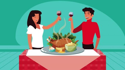 Wall Mural - happy thanksgiving day animation with couple drinking wine and dinner in table