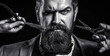 © Yevhen - Barber scissors and straight razor, barber shop, suit. Vintage barber shop, shaving. Portrait bearded man. Mustache men. Black and white