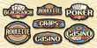 Vector set of Gambling Logos, 7 isolated labels with illustration of gamble symbols, collection of decorative sign boards with vintage design flourishes and unique brush typeface for gambling words.