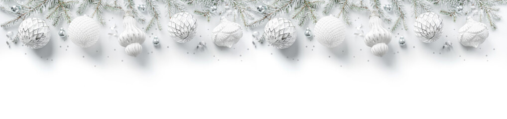 Wall Mural - Merry Christmas wreath made of fir branches, white and silver decorations, sparkles and confetti on white background. Xmas and New Year holiday, bokeh, light. Flat lay, top view, wide banner