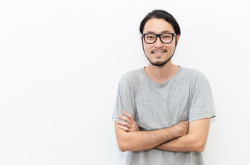 Attractive beautiful positive asian man. Close up portrait of asian nerdy man, social distancing. Portrait of handsome nerd Japanese asia guy wearing glasses with big smile isolated on white.