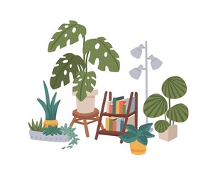 Wall Mural - Cozy home decor. Different potted houseplants, bookshelf and a lamp. Hygge homely composition with monstera, sansevieria, succulents and other plants. Vector illustration in flat cartoon style