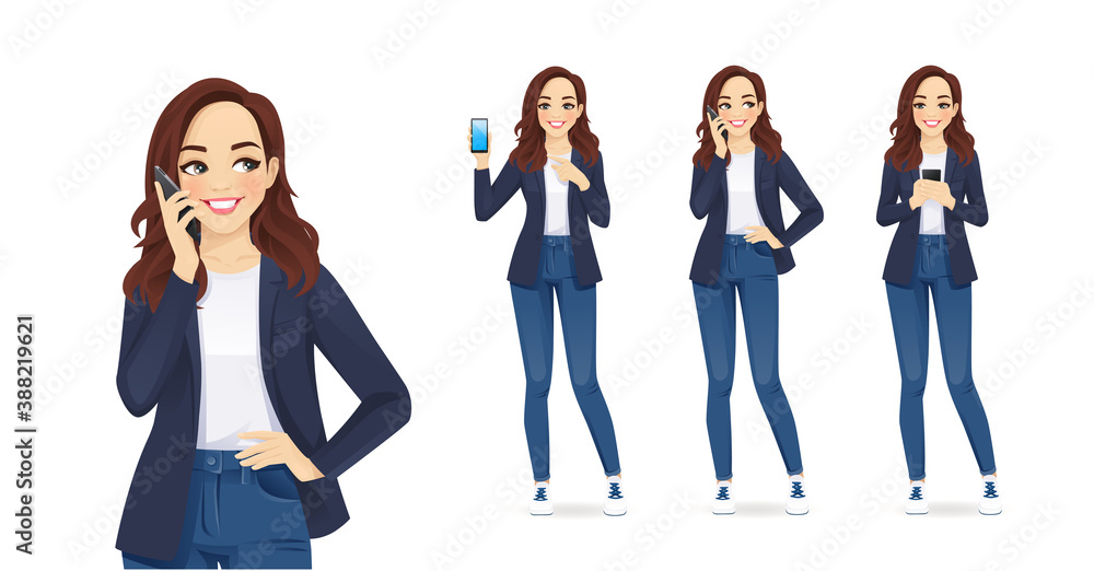 Casual young business woman with mobile phone isolated vector ...