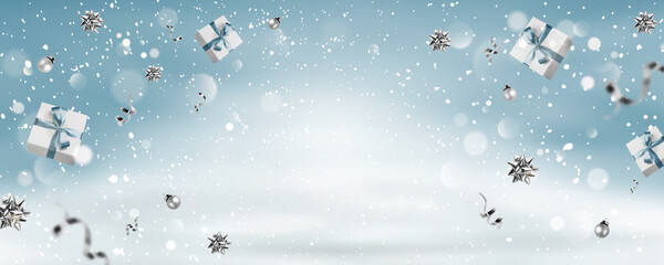 Wall Mural - merry christmas and new year blue background with flying gift boxex, silver ribbon, decoration, spar