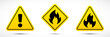 Hazard attention signs set. Fire risk warning sign. Black flame symbol on yellow isolated on white background. Vector illustration.