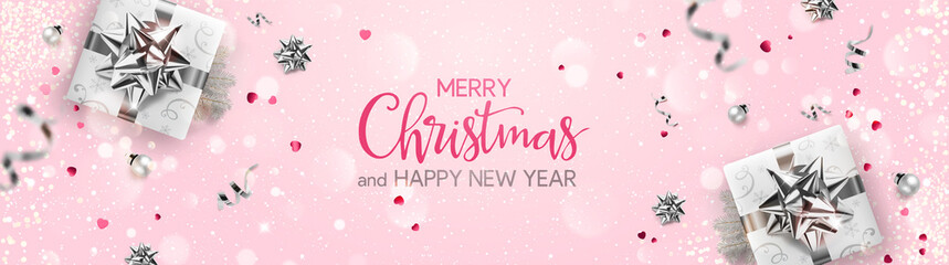 Merry Christmas and New Year text on pink background with silver gift boxes, fir branches, ribbons, decoration, sparkles, confetti, bokeh. Xmas card. Vector Illustration, holiday realistic vector