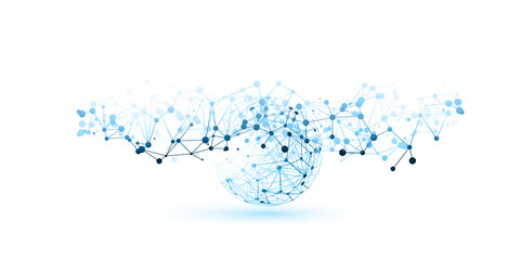 Abstract Blue and White Minimal Style Cloud Computing, Networks Structure, Telecommunications Concept Design, Network Connections, Transparent Geometric Mesh - Vector Illustration