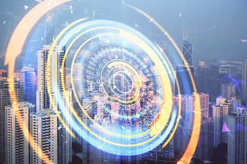 Fototapete - Double exposure of technology theme hologram and cityscape background. Concept of Hightech.