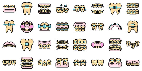 Sticker - Tooth braces icons set. Outline set of tooth braces vector icons thin line color flat on white