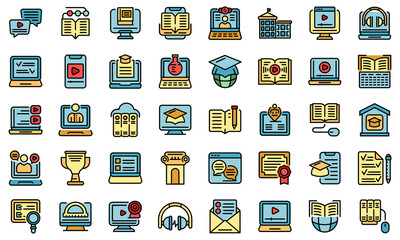 Poster - Distance education icons set. Outline set of distance education vector icons thin line color flat on white