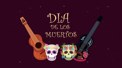 Wall Mural - dia de los muertos lettering animation with guitars and skulls heads