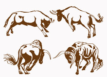 Graphical Vintage Set Of Oxen , Vector Illustration