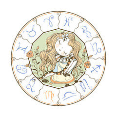 children's zodiac. sign of virgo. cute girl sitting on a rock. vector.