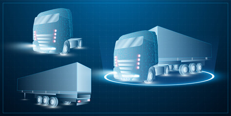 Low poly transport abstract truck. Truck hitched to trailer, separate trailer and separate truck on a blue background. Lorry van fast delivery shipping logistic. Freight shipping,delivering industry. 