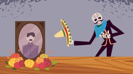 Wall Mural - dia de los muertos animation with skeleton mariachi and altar